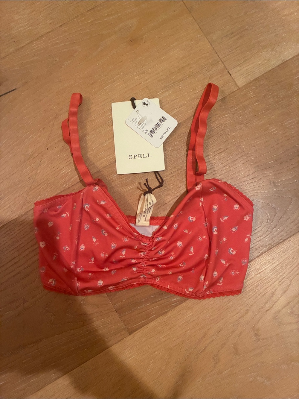 Spell Coral-Red Floral Ruched Bralette